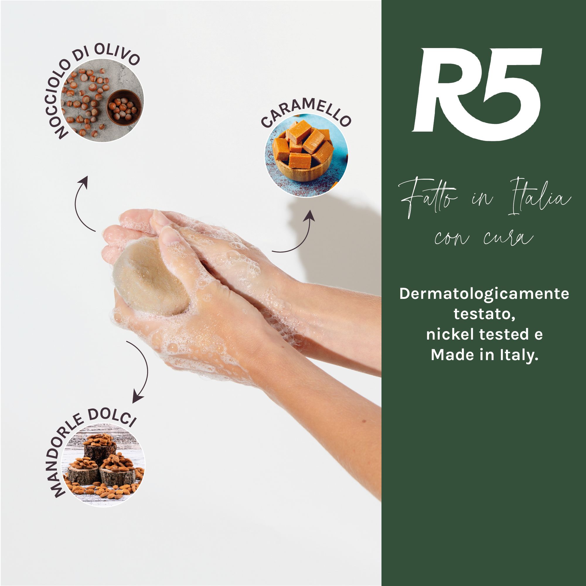 Mani che si lavano con una barra di scrub corpo rotonda, circondata da ingredienti.
