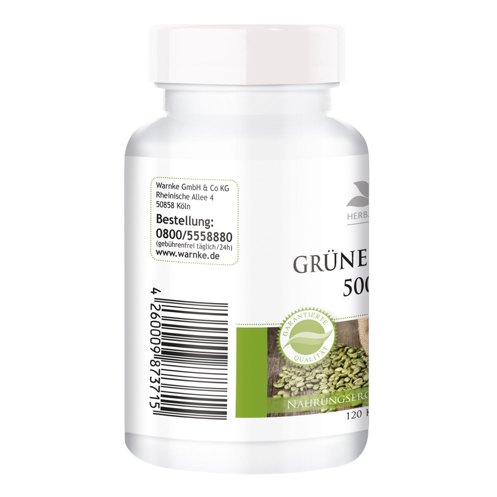 Flacone bianco con etichetta verde. Scritta: GRÜNER KAFFEE 500MG. Sigillo: Qualità garantita. Retro con informazioni produttore e codice a barre.