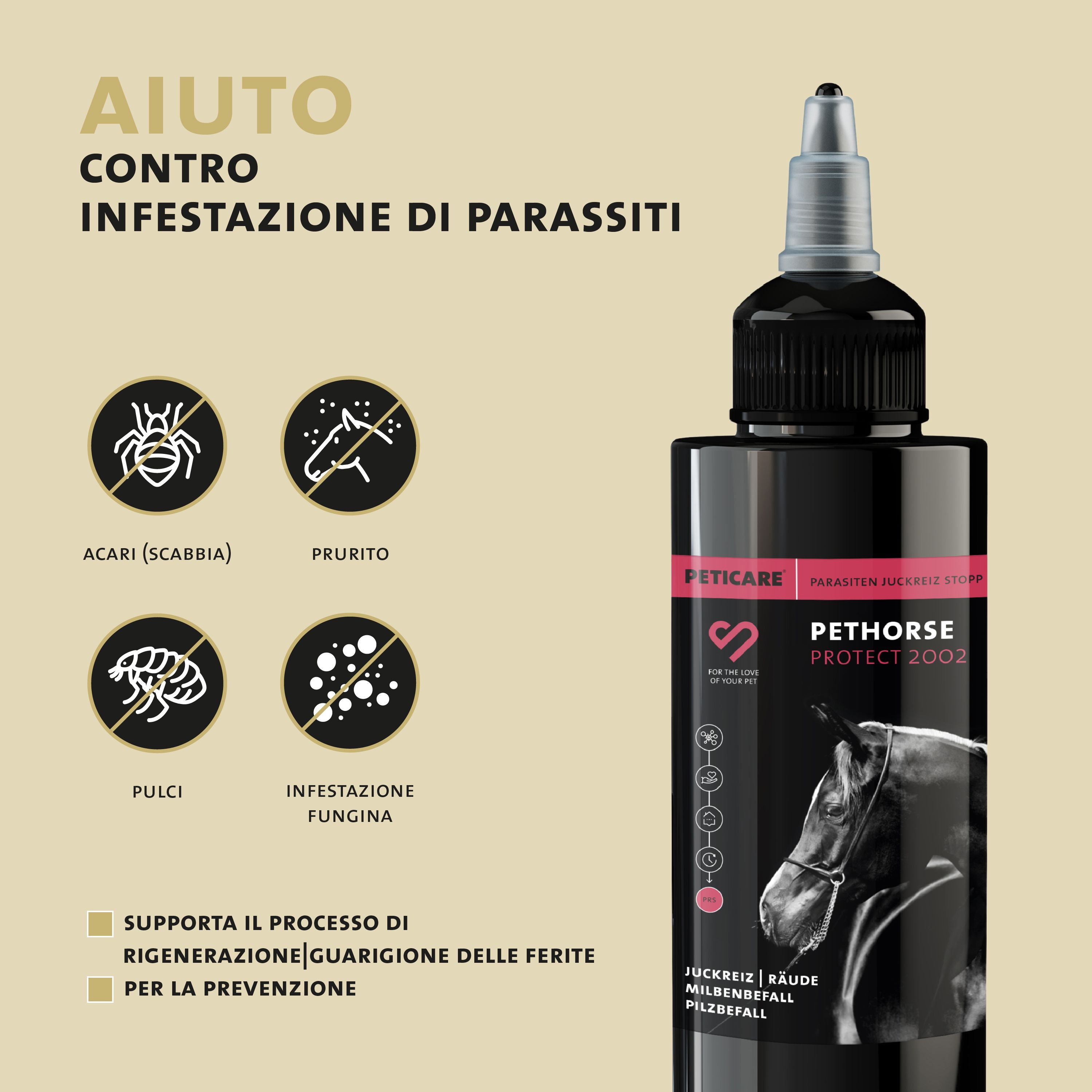 Flacone nero con prodotto. Testo: Pethorse Protect 2002. Contro l'infestazione da parassiti. Simboli per acari, prurito, pulci, micosi.