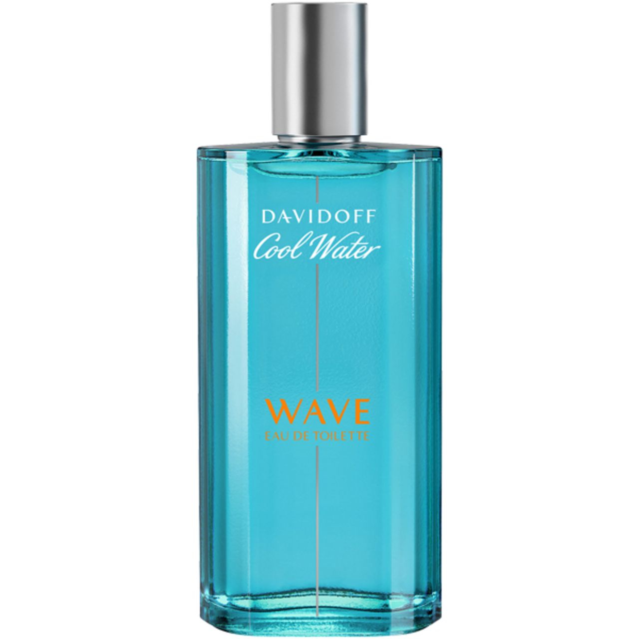 Flacone Davidoff Cool Water Wave EdT. Vetro blu, tappo argentato. Nome prodotto e Wave. Eau de Toilette.