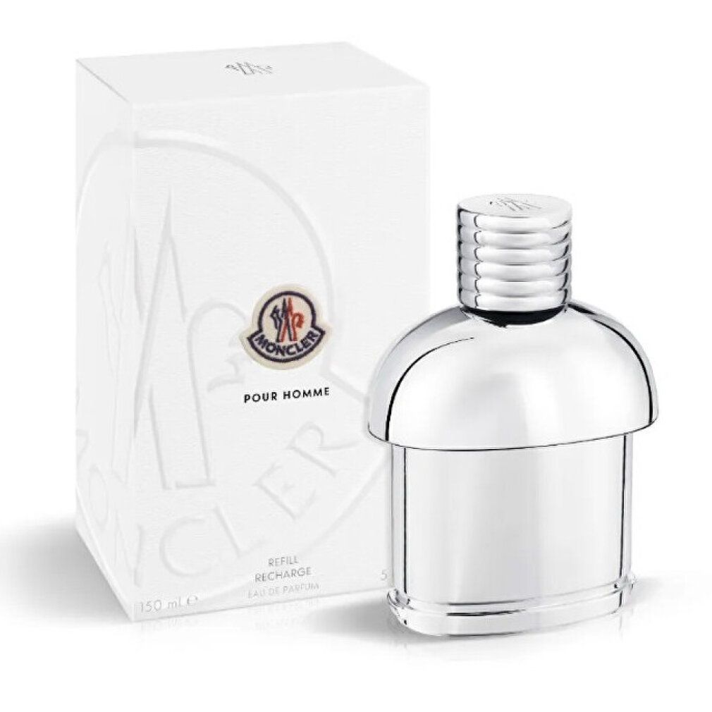 Flacone e confezione Moncler Pour Homme Eau de Parfum. Flacone argentato con scatola bianca.