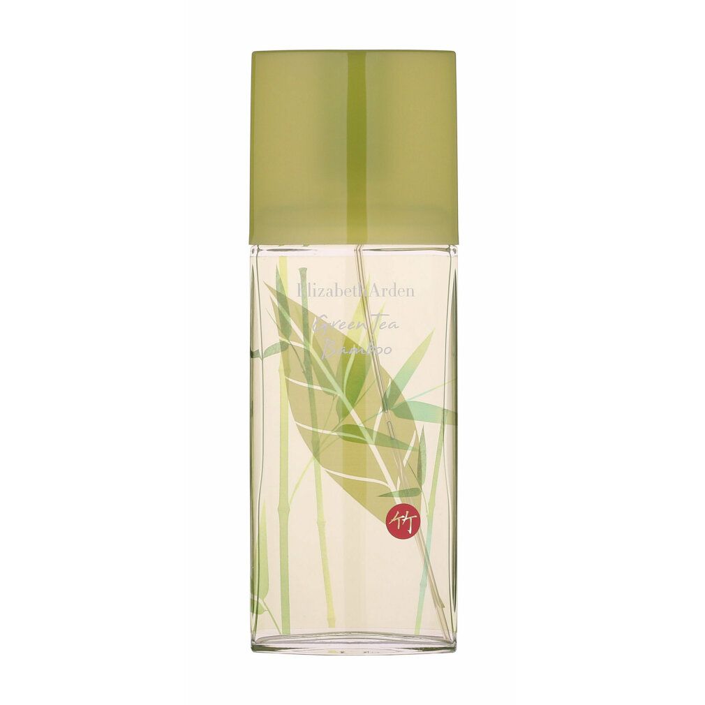 Flacone rettangolare con tappo verde. Stampa: motivo a foglie e bambù. Testo: Elizabeth Arden Green Tea.