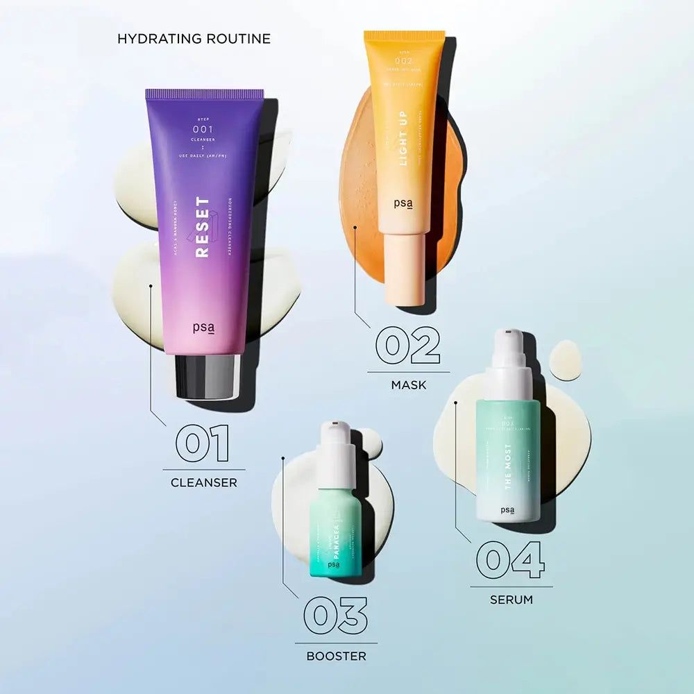 Routine di cura della pelle PSA: detergente, maschera, booster e siero.