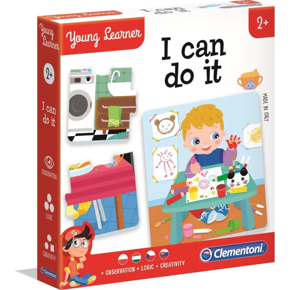 Clementoni Young Learner: Ich kann es 6x. Confezione in cartone con puzzle. Titolo: I can do it. Illustrazione di un bambino che dipinge. Età: 2+.
