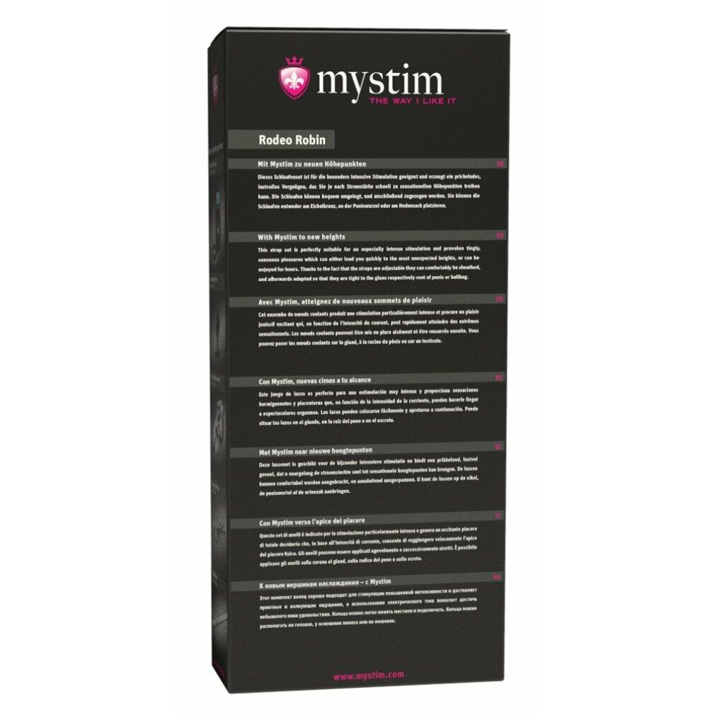 Retro della confezione del prodotto nera con testo in più lingue. Logo Mystim.