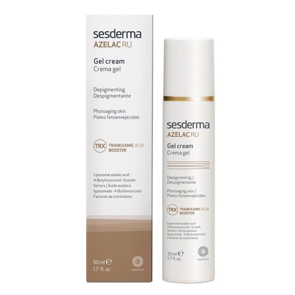 Sesderma Azelac RU Gel Cream. Tubo e scatola bianchi. Testo: Gel Cream, Depigmenting, Photoaging skin. 50 ml.