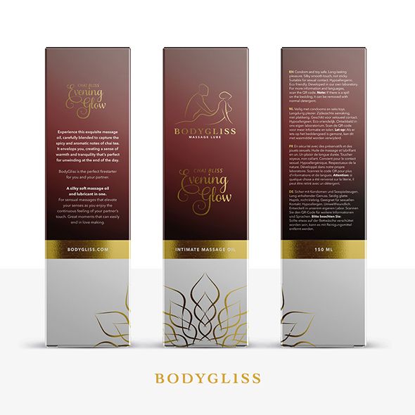 Tre scatole. Scritta: BodyGliss Massage Lube, Chai Bliss Evening Glow. Ornamenti dorati. Testo sull'olio da massaggio. 150 ml.
