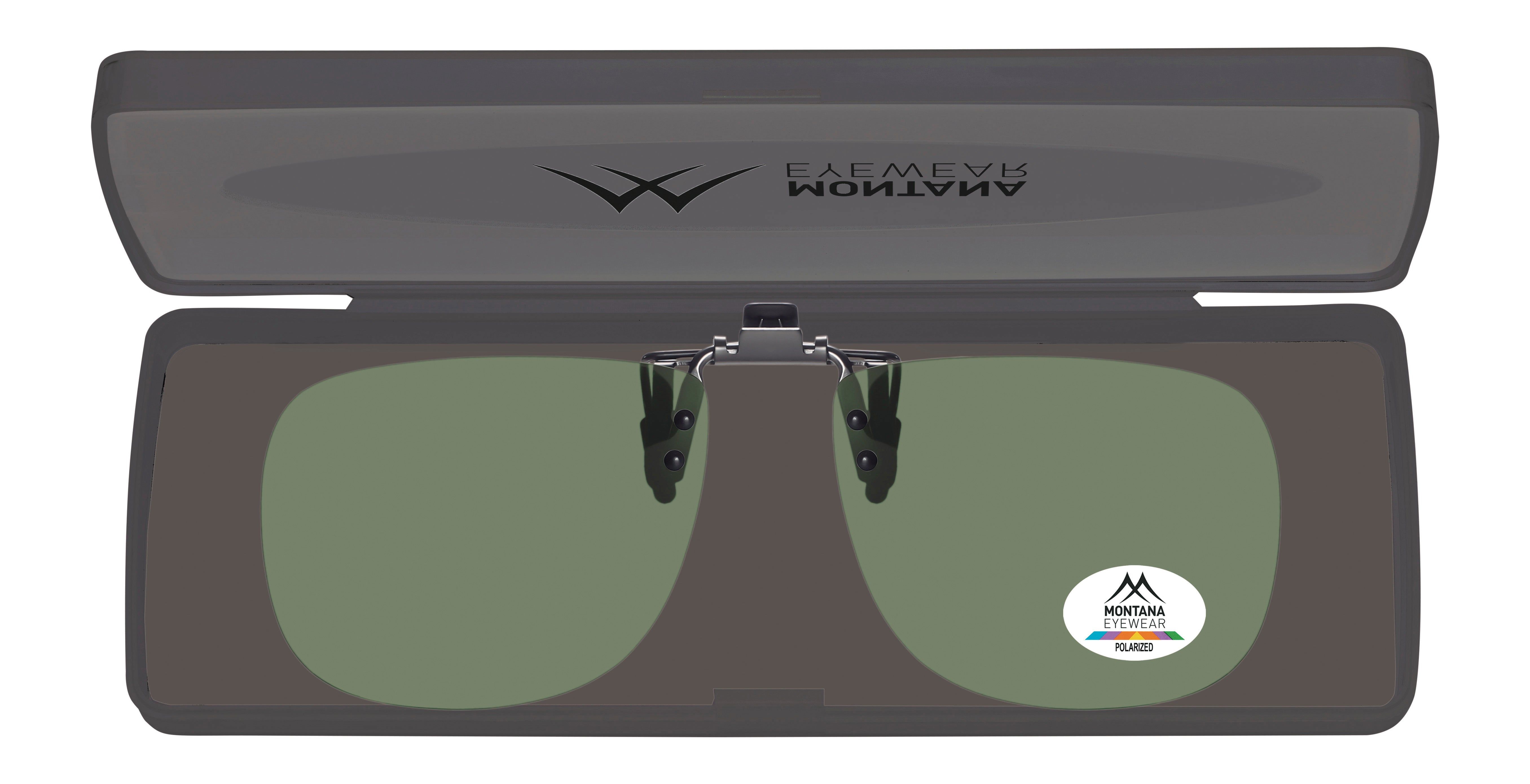 Clip-on in custodia. Lenti verdi, logo Montana Eyewear. Custodia con logo.