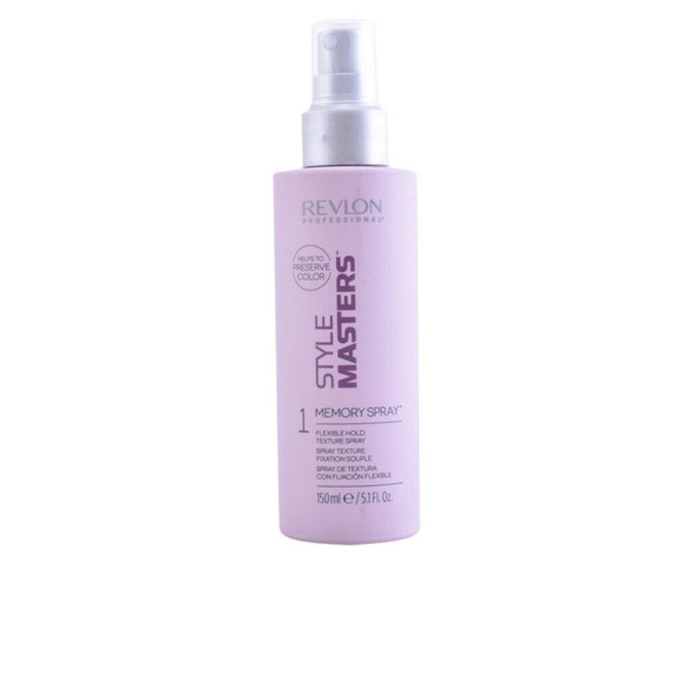 Flacone spray per capelli lilla. Testo: Revlon Style Masters, Memory Spray, Flexible Hold Texture Spray. Con erogatore.