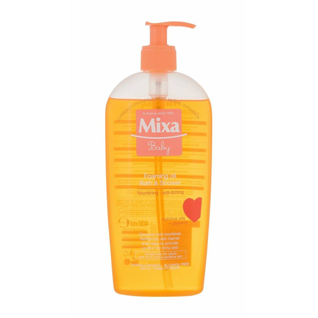 Mixa Baby olio bagno e doccia schiumogeno. Flacone trasparente con dosatore. Etichetta arancione con nome prodotto e simbolo cuore.