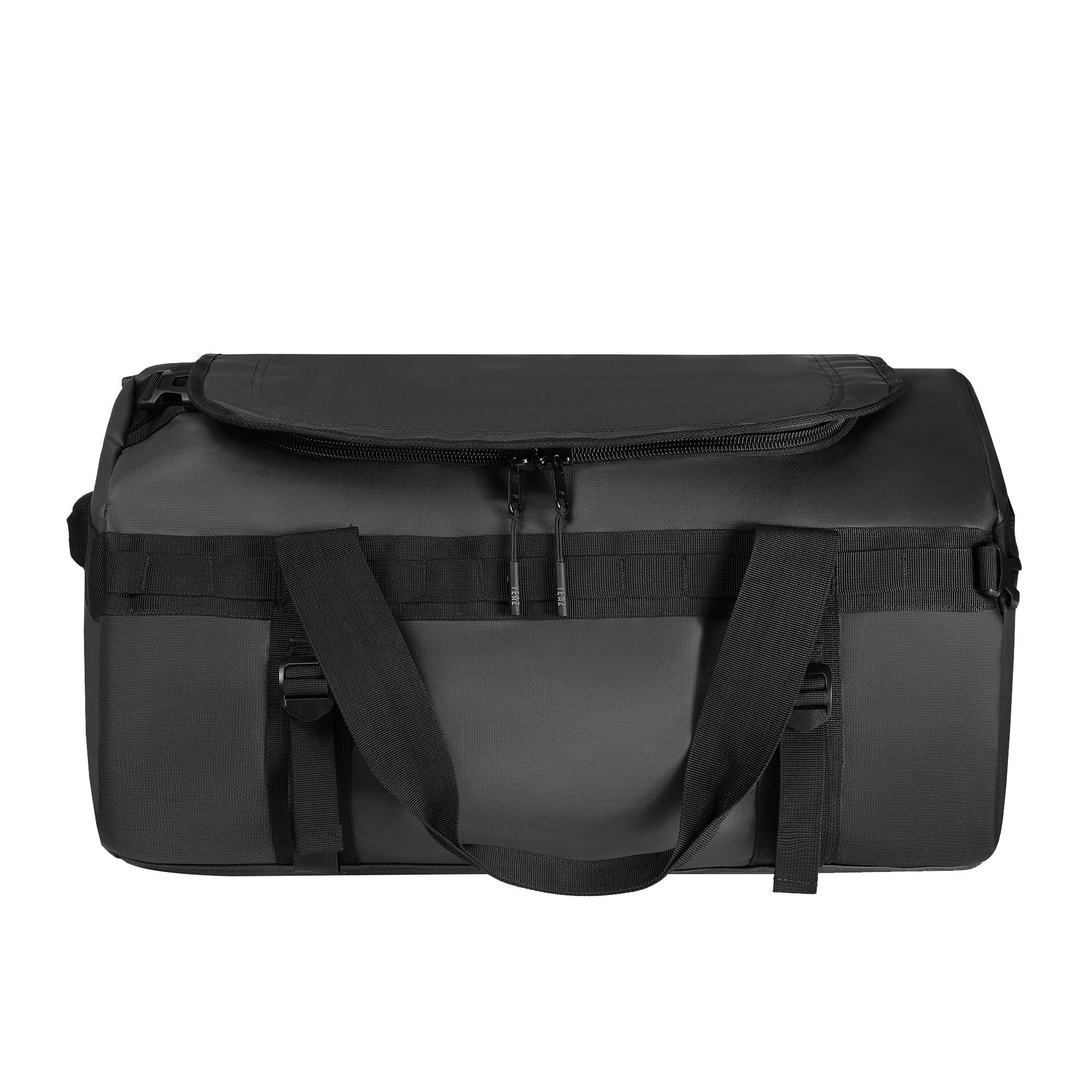 Borsa sportiva nera con cerniera e tracolla.