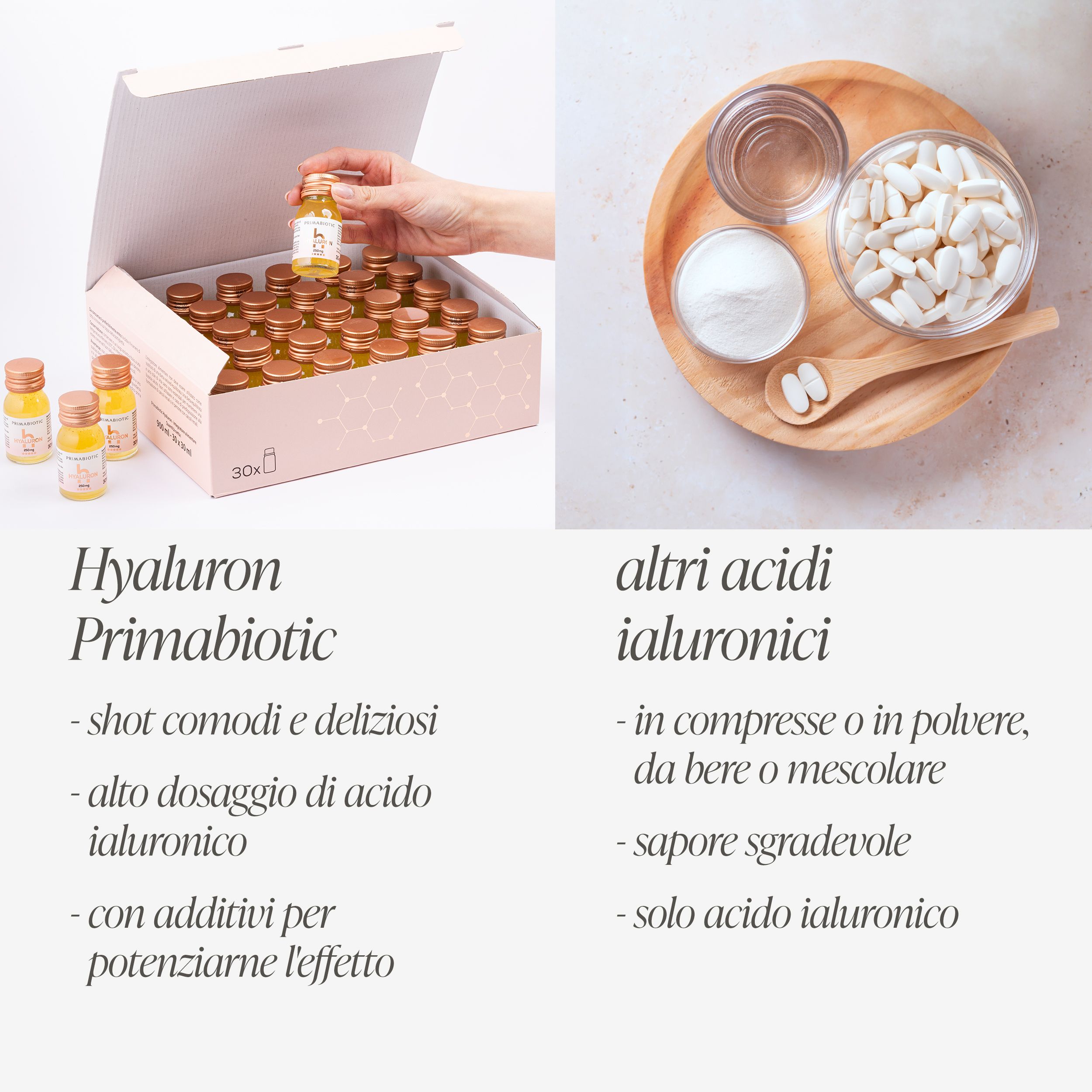 Primabiotic Hyaluron Shot: Confronto ingredienti, una confezione e una ciotola con polvere e capsule.