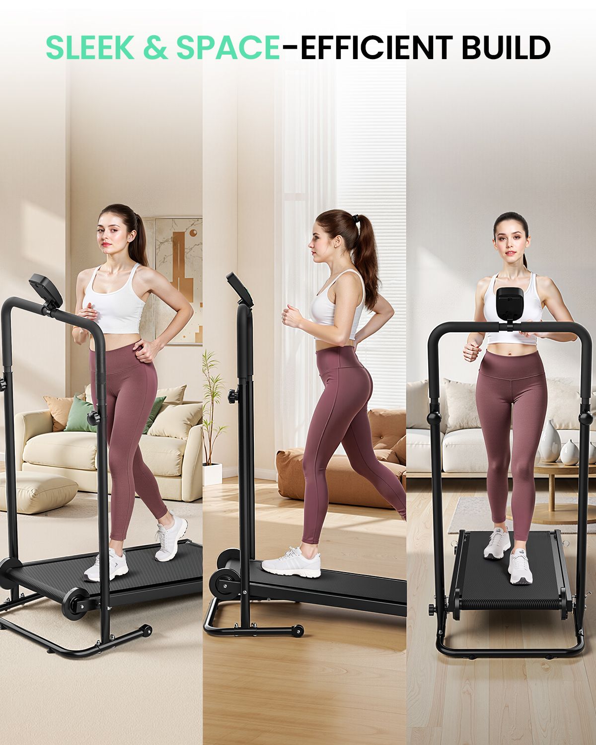 Tre immagini mostrano una donna che si allena su un tapis roulant manuale nero. Con maniglie e display.