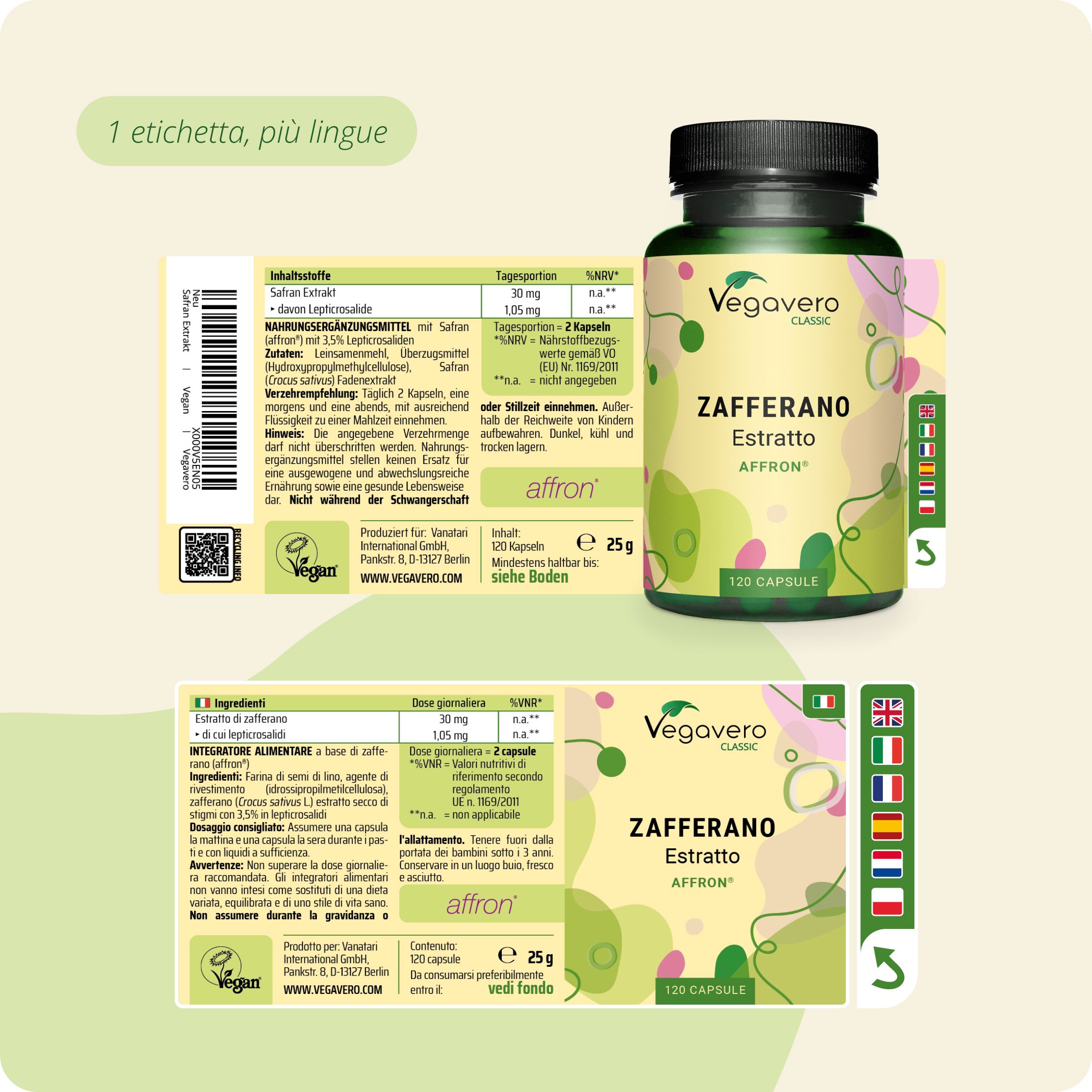 Flacone da 120 capsule Vegavero Estratto di Zafferano, con etichette multilingue.