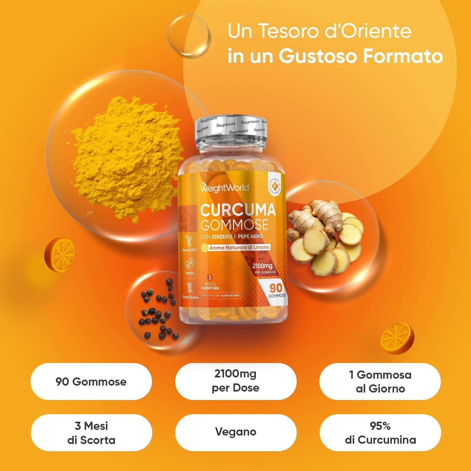 Caramelle gommose al curcuma, 90 pezzi, 2100mg per dose, vegane. Curcuma, zenzero, pepe e limone illustrati.