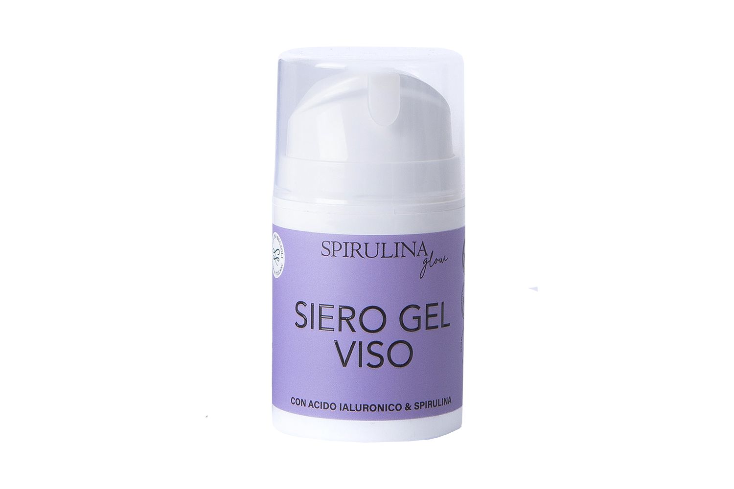Flacone bianco-viola con coperchio trasparente. Scritto: Spirulina glow, Siero Gel Viso. Con acido ialuronico & spirulina.