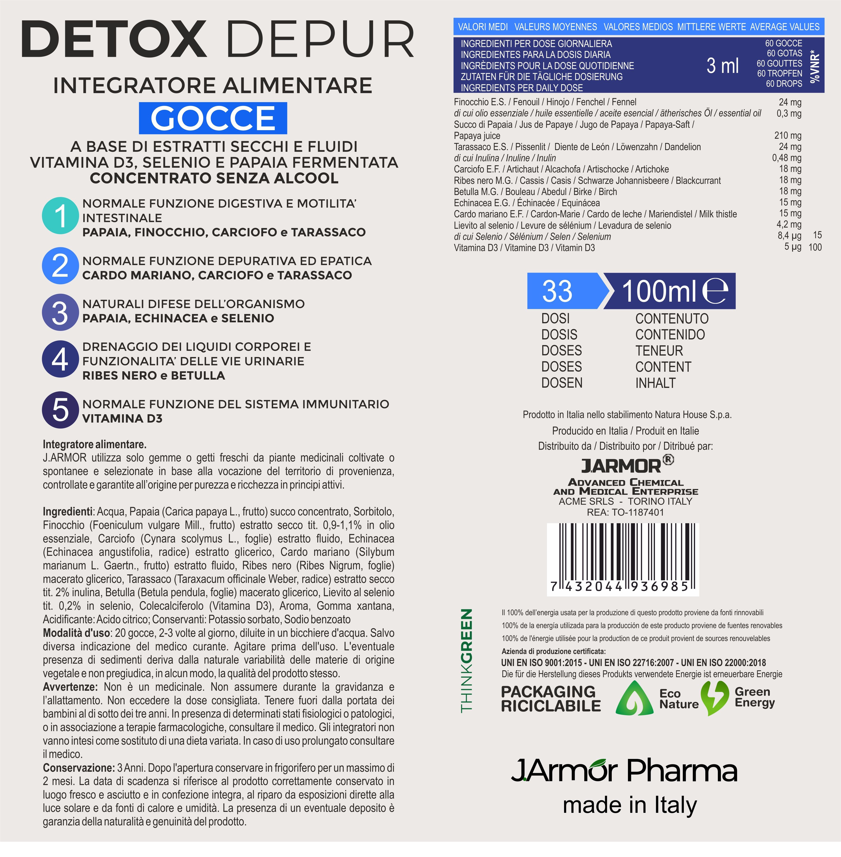 Retro del flacone con ingredienti e informazioni nutrizionali. Testo: Detox Depur, Integratore Alimentare, Gocce.