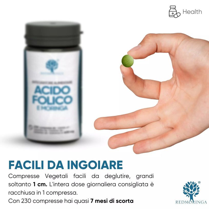 Mano che tiene una compressa verde. Testo: facile da deglutire, 230 compresse per 7 mesi.