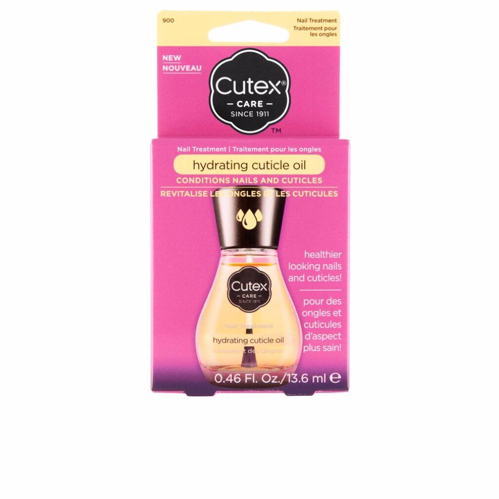 Olio Cutex per cuticole in confezione. Scatola rosa con nome e logo. Flacone con tappo dorato e olio.
