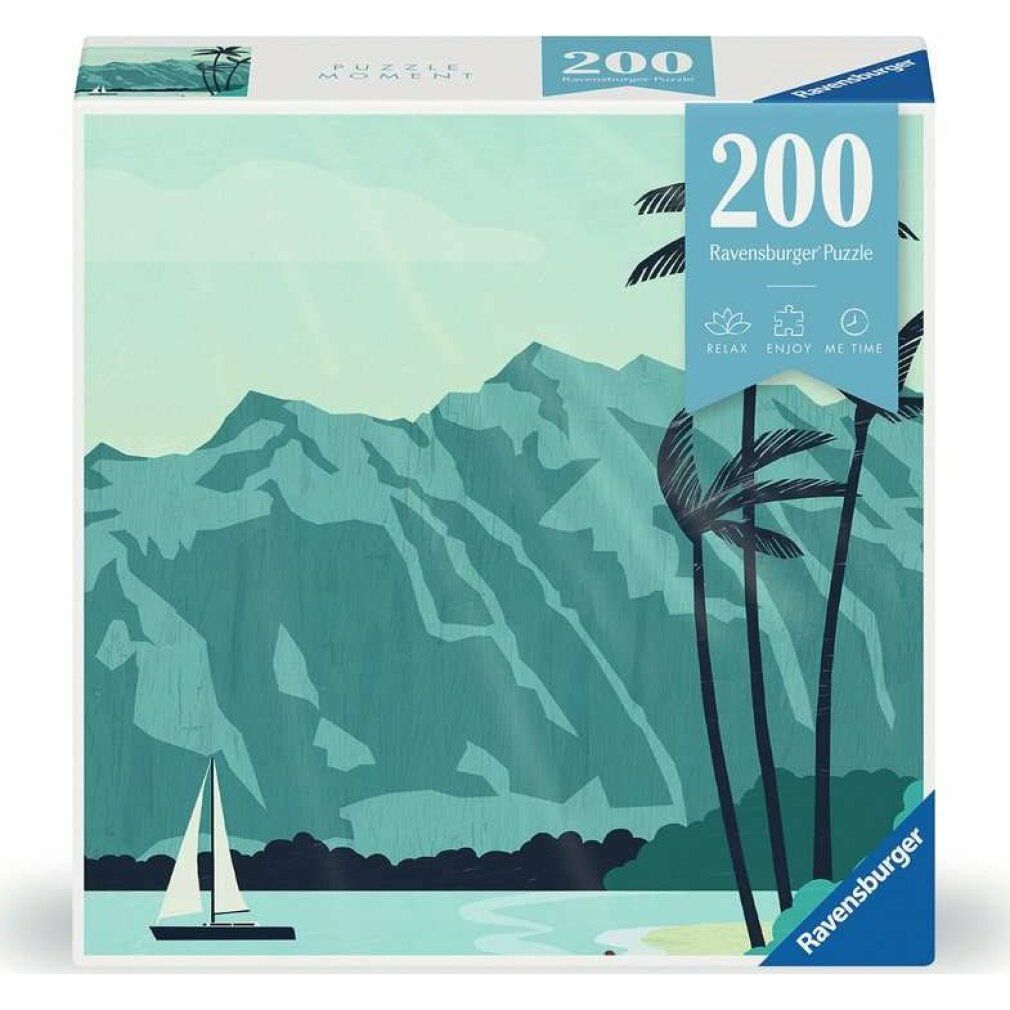 Scatola puzzle con motivo Hawaii. 200 pezzi. Logo Ravensburger. Paesaggio con montagne, palme, barca.