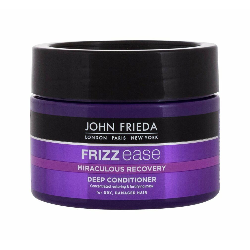 John Frieda Frizz Ease Miraculous Recovery Deep Conditioner. Vaso rotondo, coperchio nero, etichetta viola.