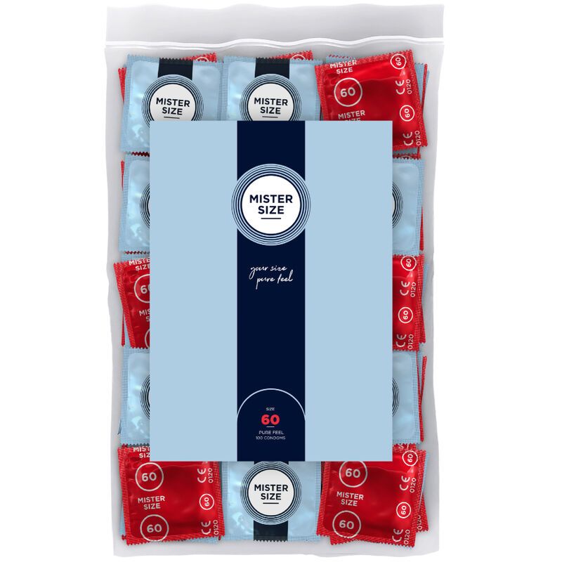 Confezione da 100 preservativi Mister Size 60, ultra sottili.