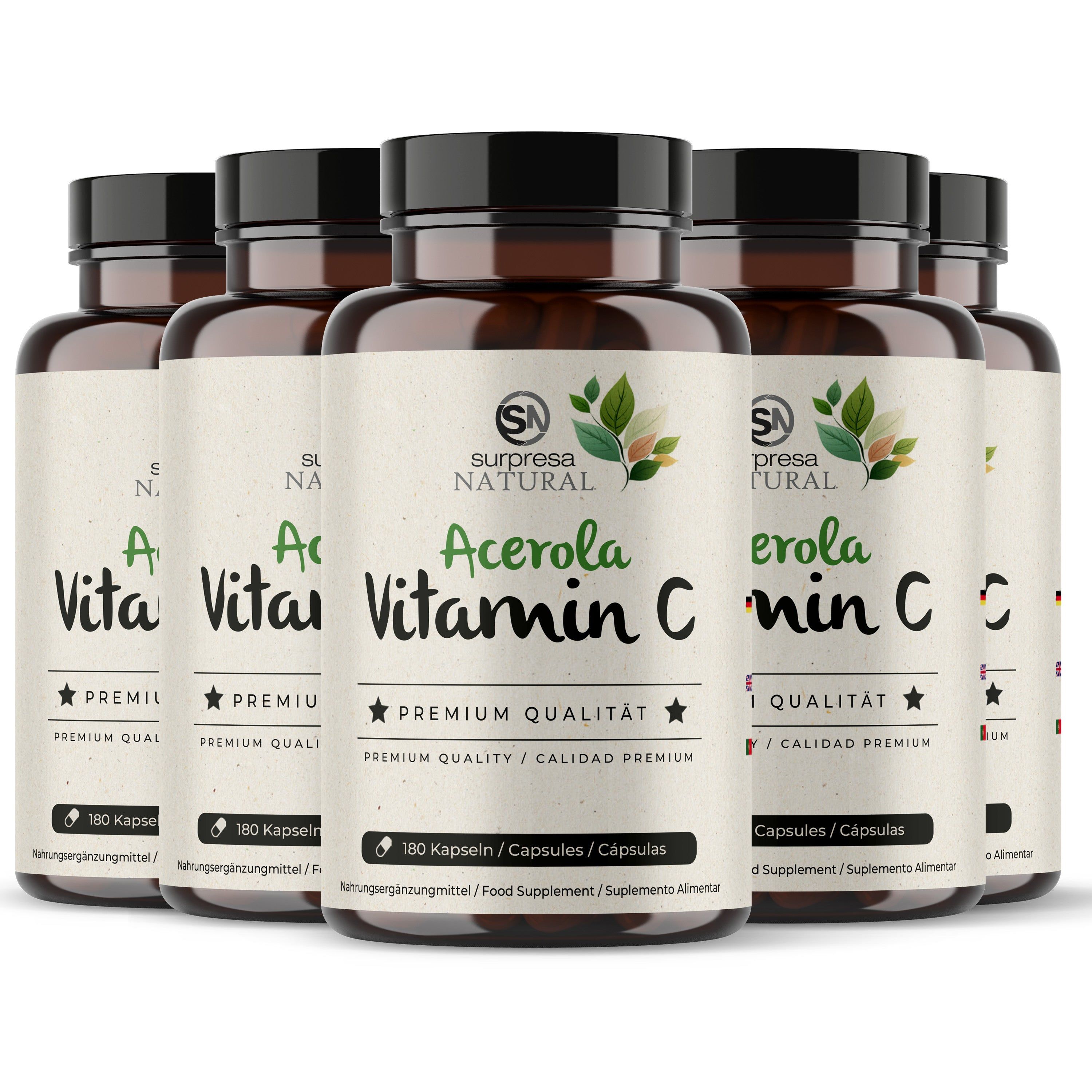 Sei barattoli marroni di capsule di Vitamina C Acerola Surpresa Natural in gruppo.
