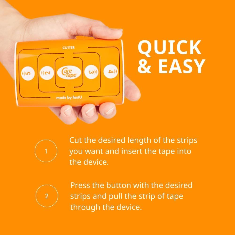 Mano che tiene un cutter arancione. Testo: Quick & Easy. Istruzioni: inserire le strisce, premere il pulsante, tirare la striscia.