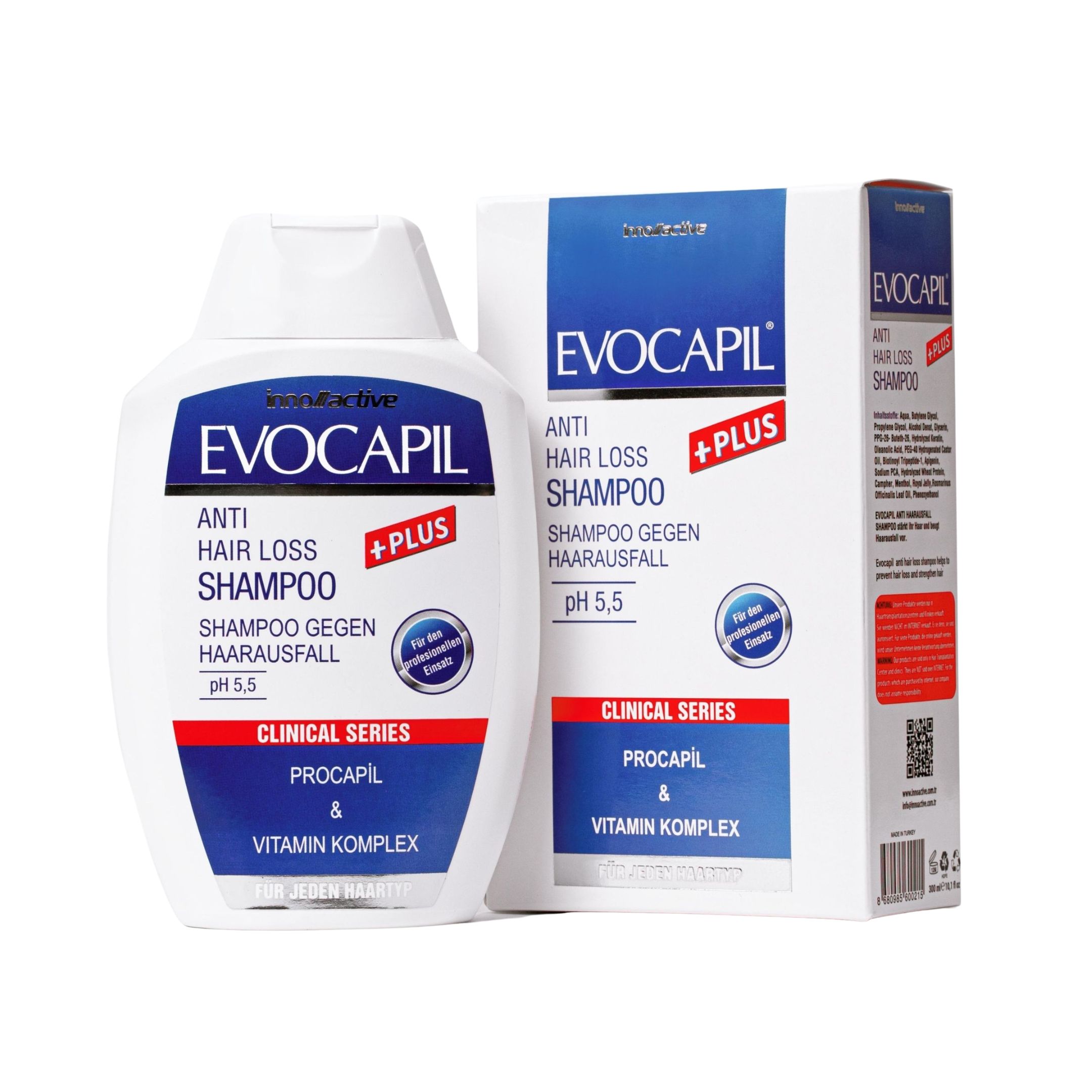 Flacone di shampoo Evocapil Plus Anti-Caduta e confezione. Flacone bianco con etichetta blu. pH 5,5.