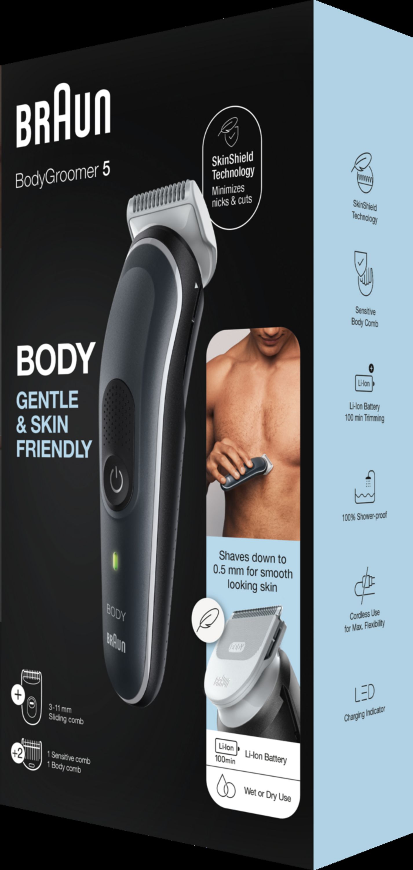 Braun BodyGroomer 5, nero-grigio. Immagine del prodotto con testo. Include accessori. Tecnologia SkinShield. Batteria Li-Ion.