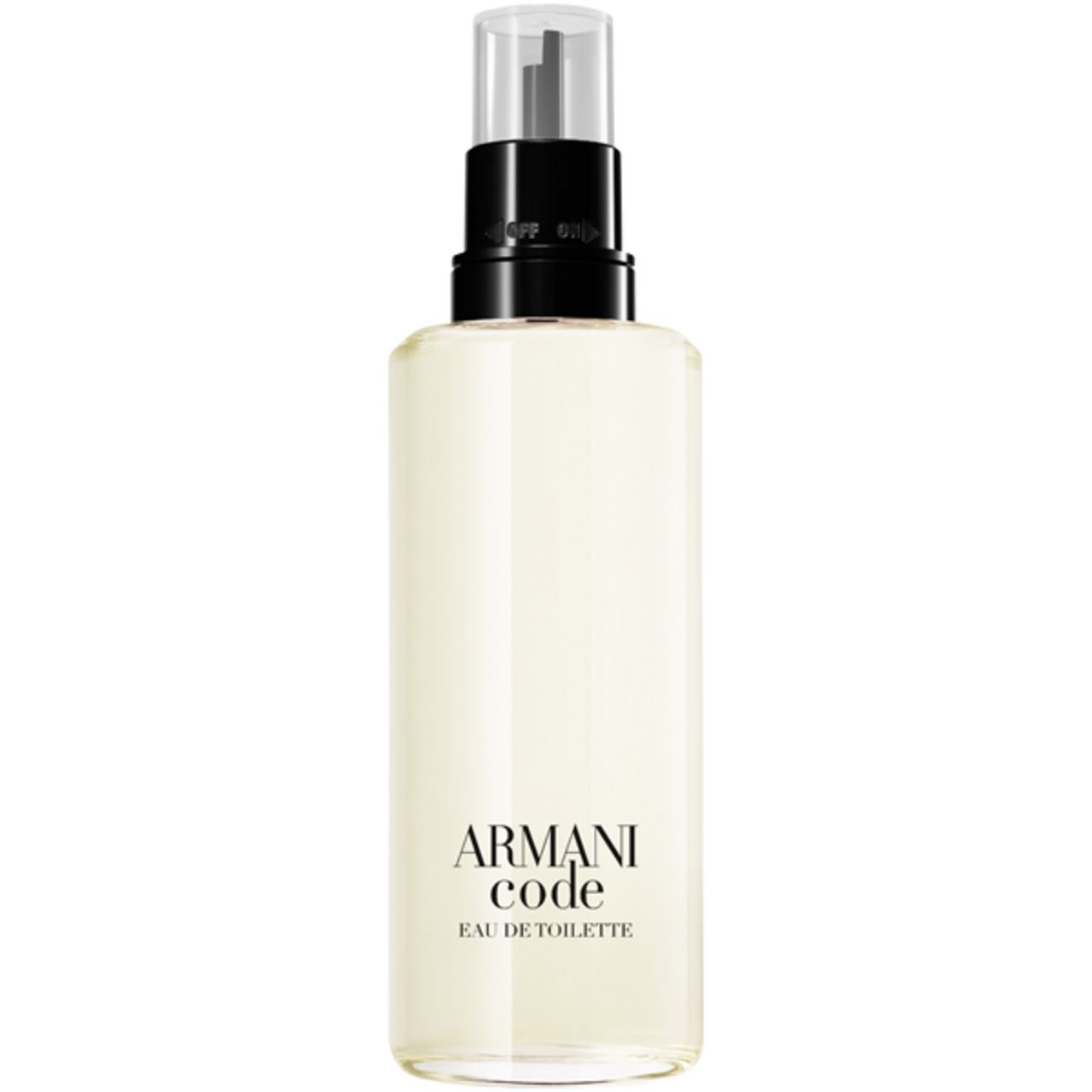 Flacone trasparente con tappo nero. Scritta: Armani Code.