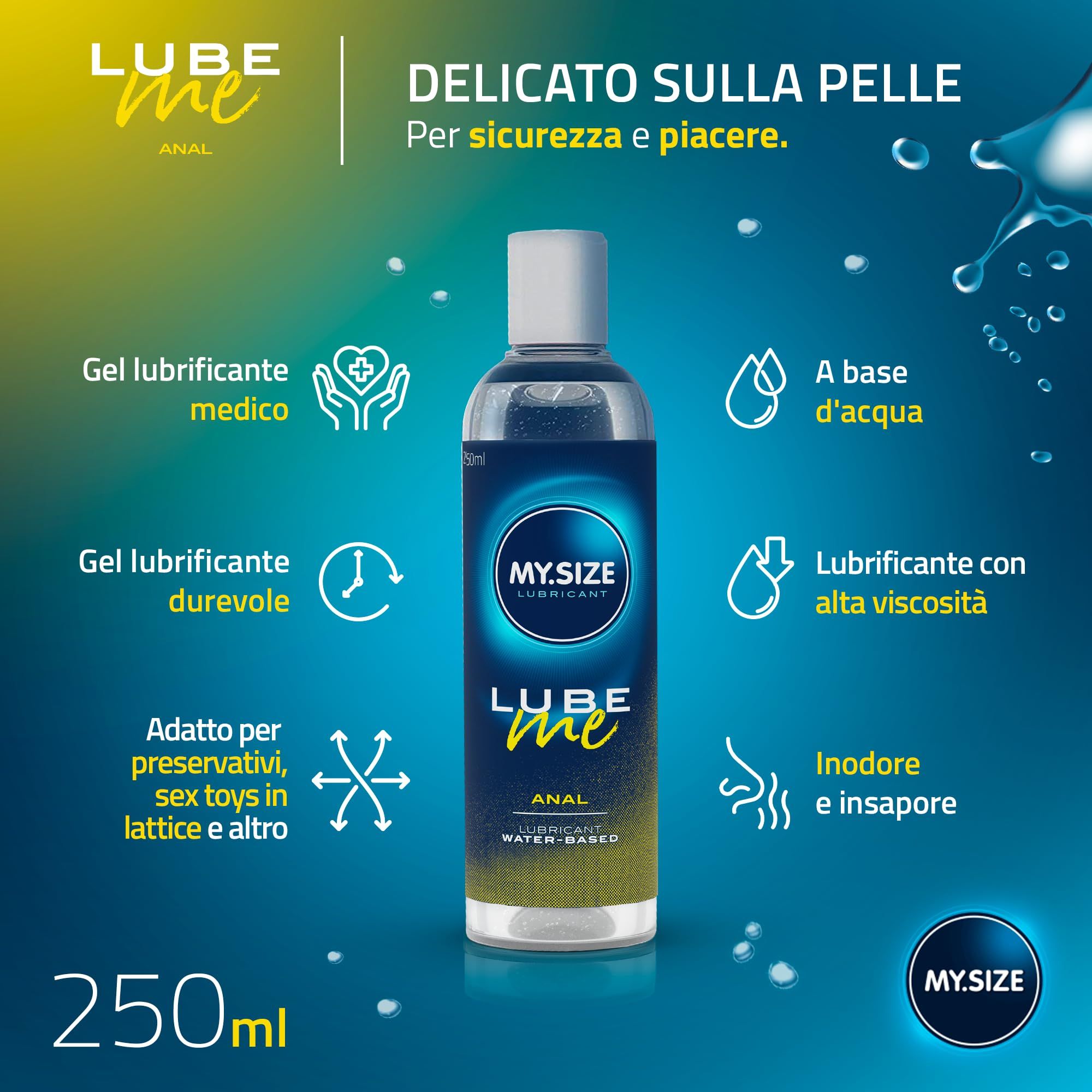 Gel lubrificante MY.SIZE LUBE ME Anal, flacone da 250ml. A base d'acqua, medico, inodore.