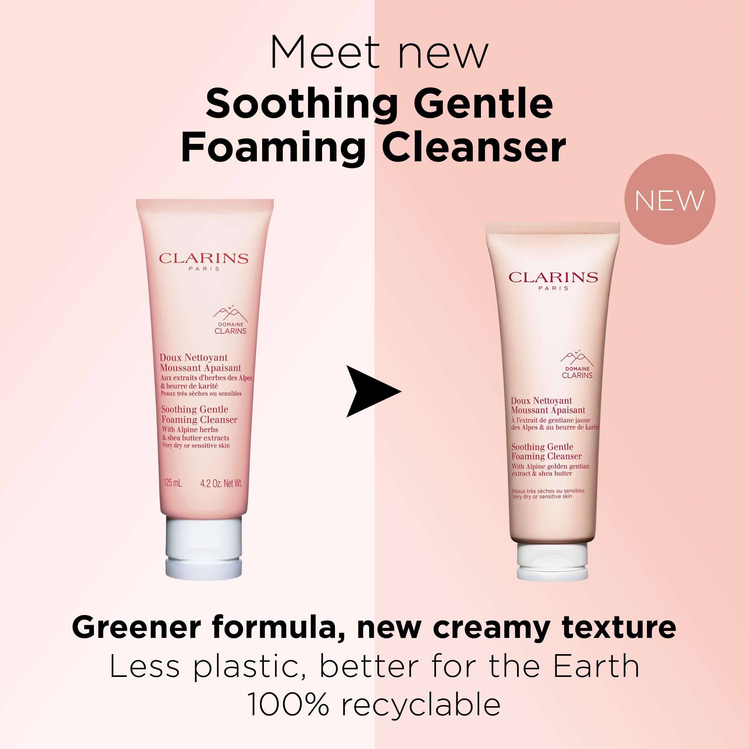 Due tubi rosa affiancati. Testo: Meet new Soothing Gentle Foaming Cleanser. Testo: Greener formula, new creamy texture, 100% recyclable.
