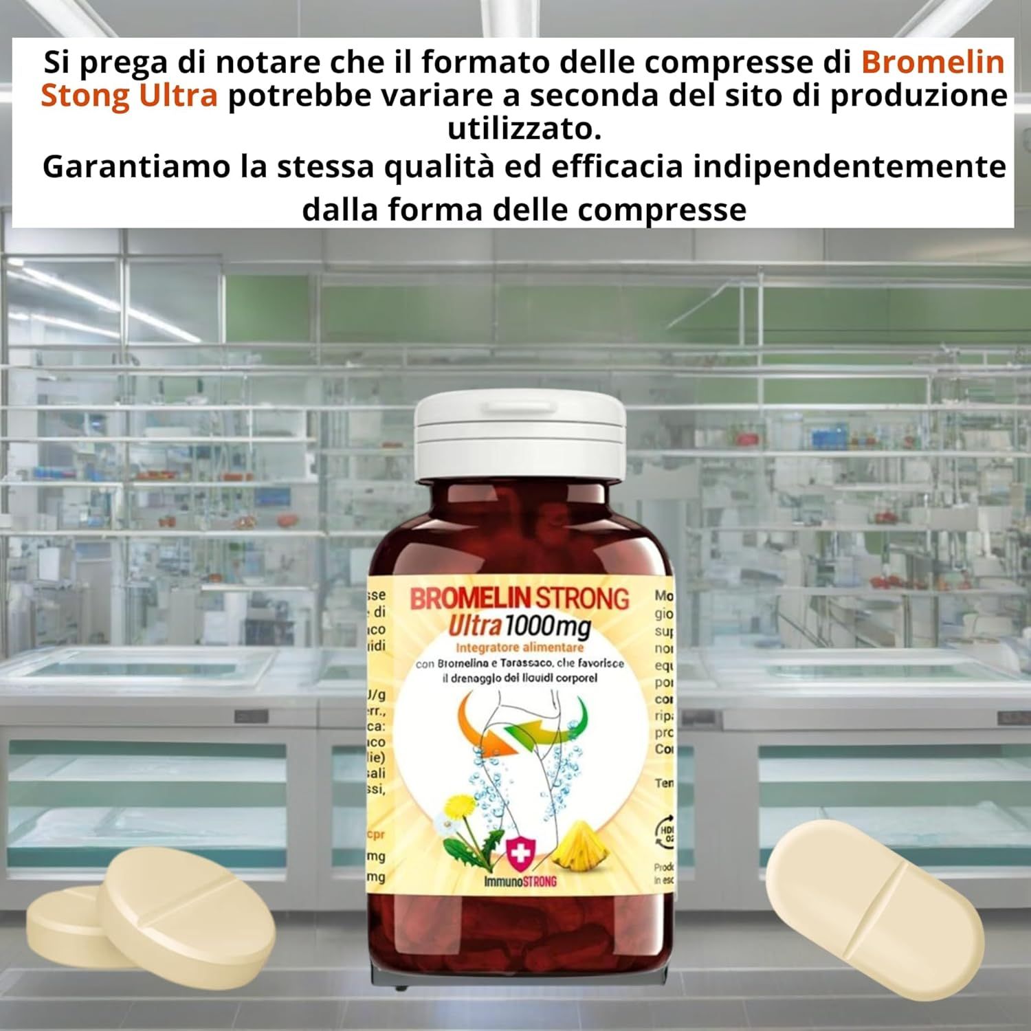 Flacone marrone con capsule. Scritta: BROMELIN STRONG Ultra 1000mg. Compresse accanto.
