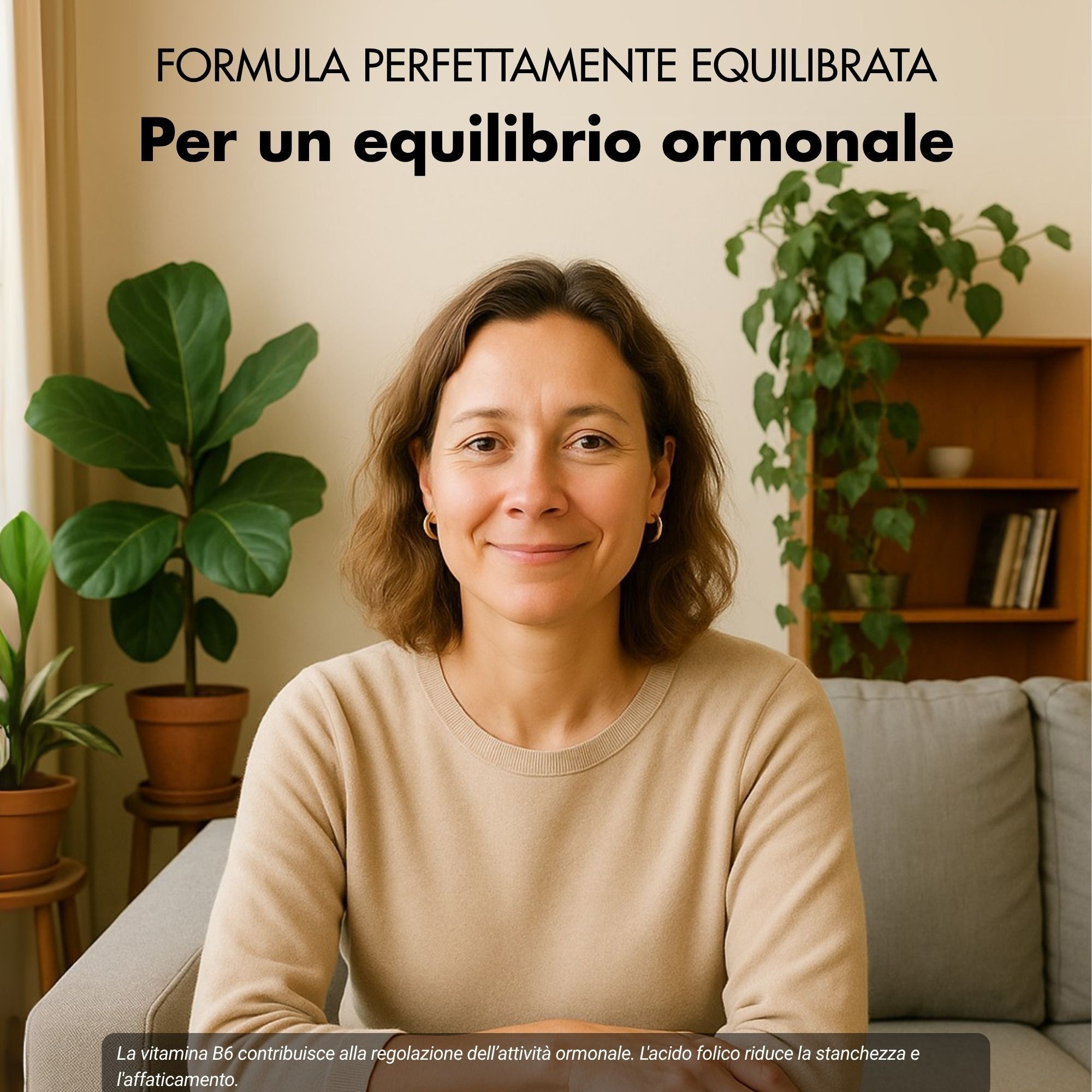 Ritratto di una donna sorridente. È seduta su un divano davanti a delle piante da interno. Testo: Per un equilibrio ormonale.