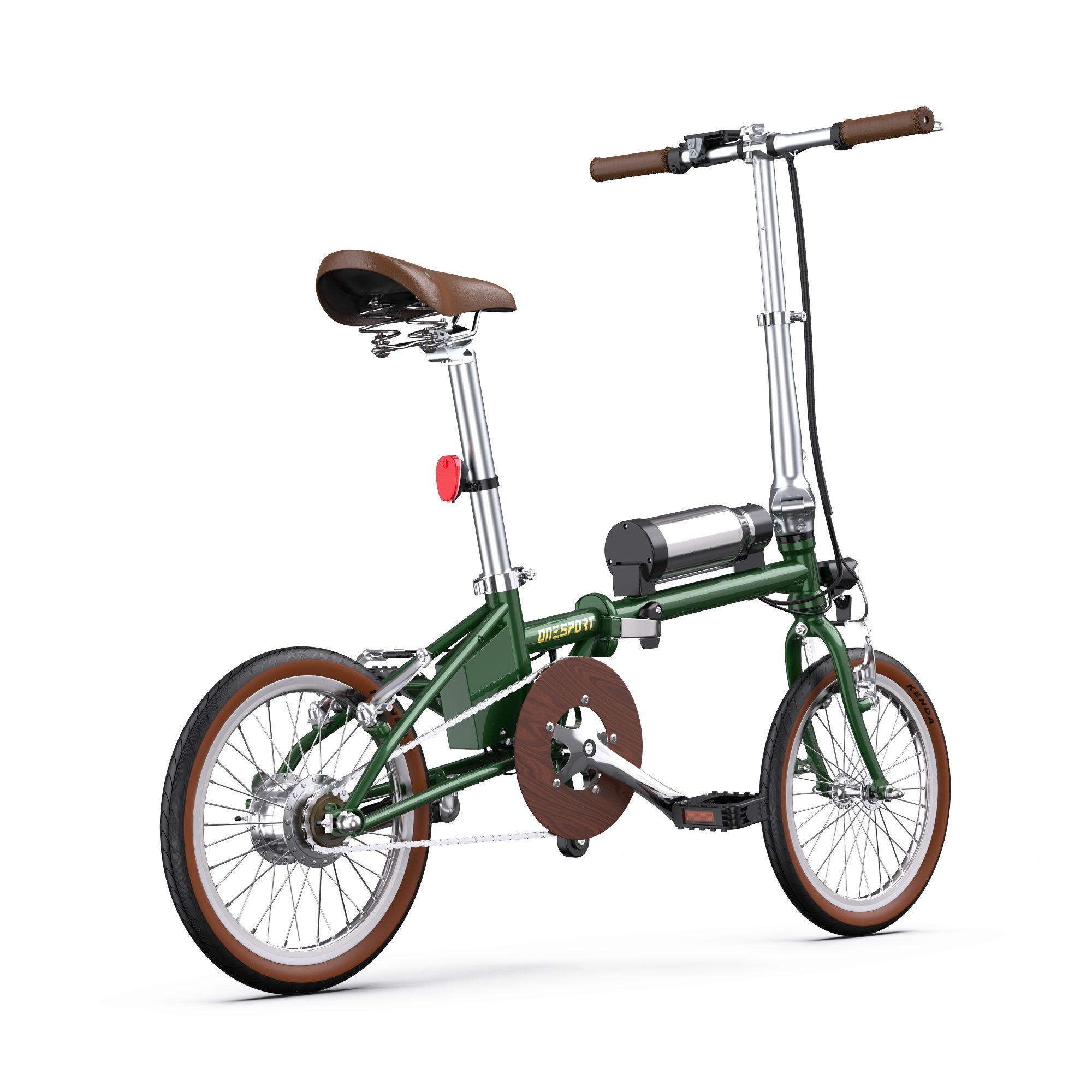 E-bike pieghevole verde, pneumatici e sella marroni. Batteria e fanale posteriore visibili. Ruote da 16 pollici.