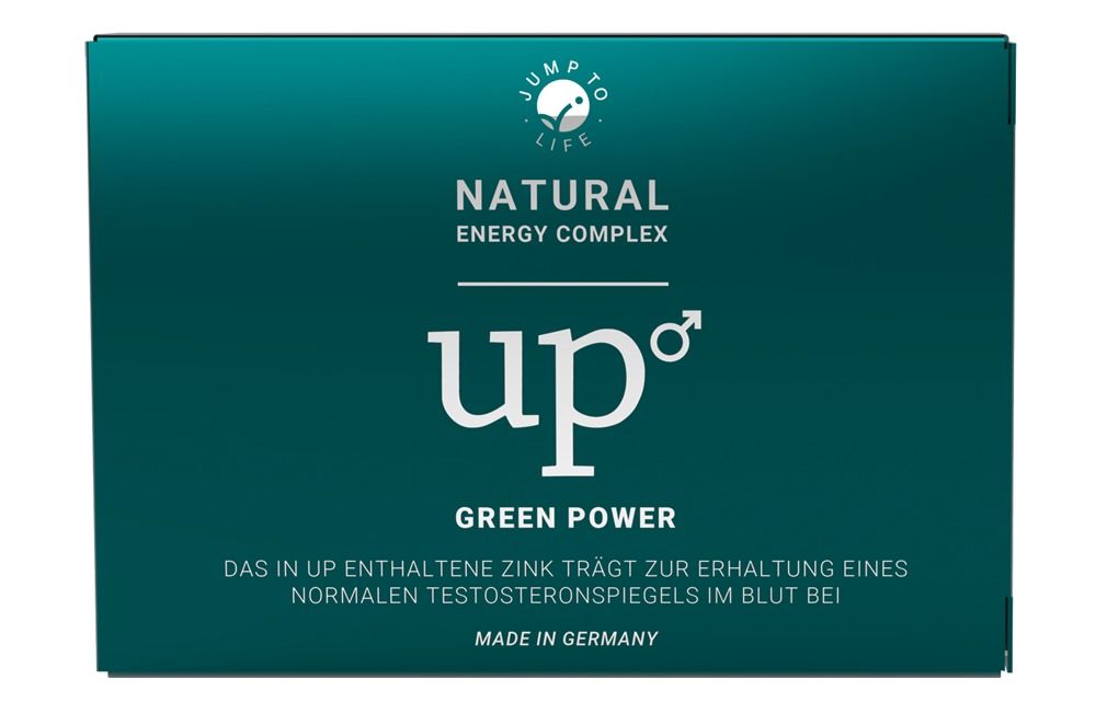 Scatola del prodotto "up GREEN POWER NATURAL ENERGY COMPLEX". Contiene informazioni su zinco e testosterone.