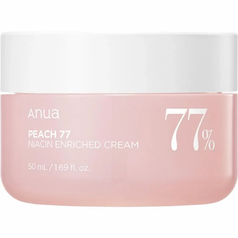 Vaso di crema rosa con coperchio bianco. Scritta: Anua, PEACH 77, Niacin Enriched Cream, 77%.