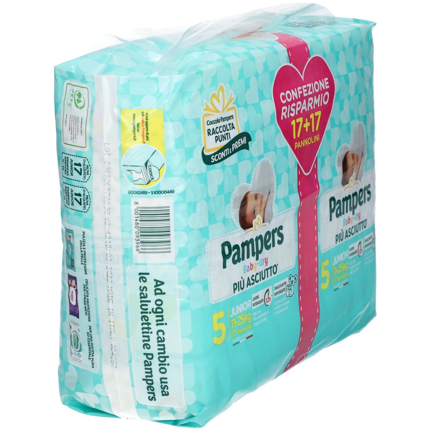 Confezione Pampers Baby Dryduo JuniorX 34 pannolini. Scritte: 5, Junior, più asciutto. Confezione con informazioni e logo.