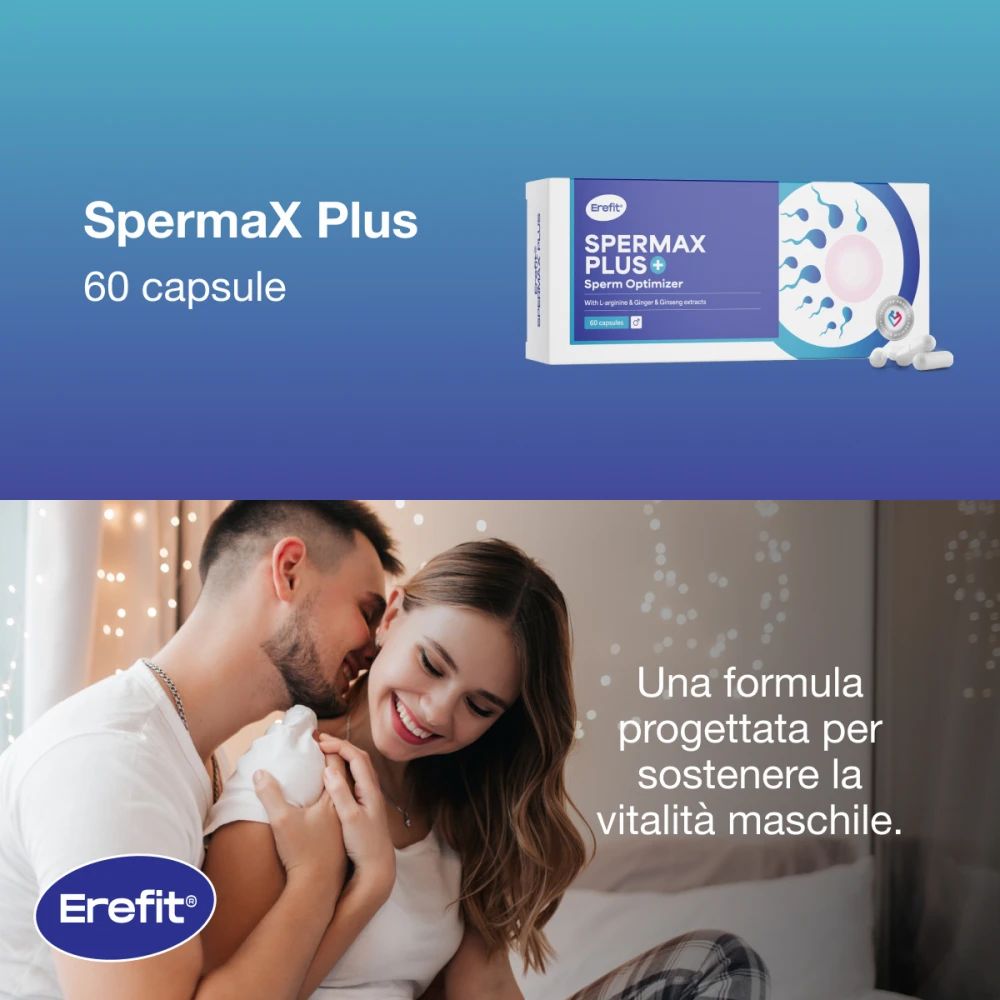 Confezione del prodotto con capsule. Scritto: SpermaX Plus, 60 capsule. Coppia sullo sfondo. Testo: Una formula per sostenere la vitalità maschile.