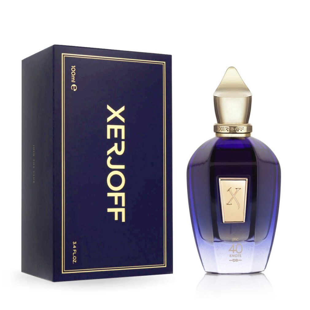 Scatola blu-oro e flacone. Flacone con tappo dorato ed etichetta 'X'. Testo: 'XERJOFF'.