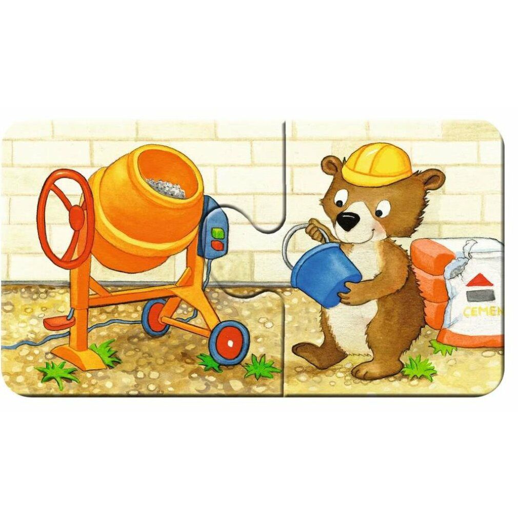 Due pezzi di puzzle mostrano un coniglio che posa un mattone con una cazzuola e un uccello su un muro.