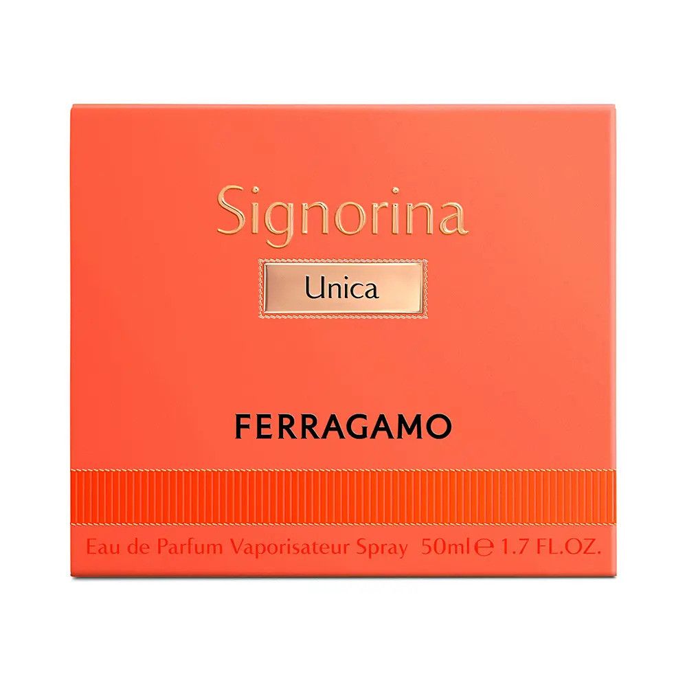 Scatola arancione. Scritto: Signorina Unica, Ferragamo. Testo: Eau de Parfum Vaporisateur Spray 50ml 1.7 FL.OZ.