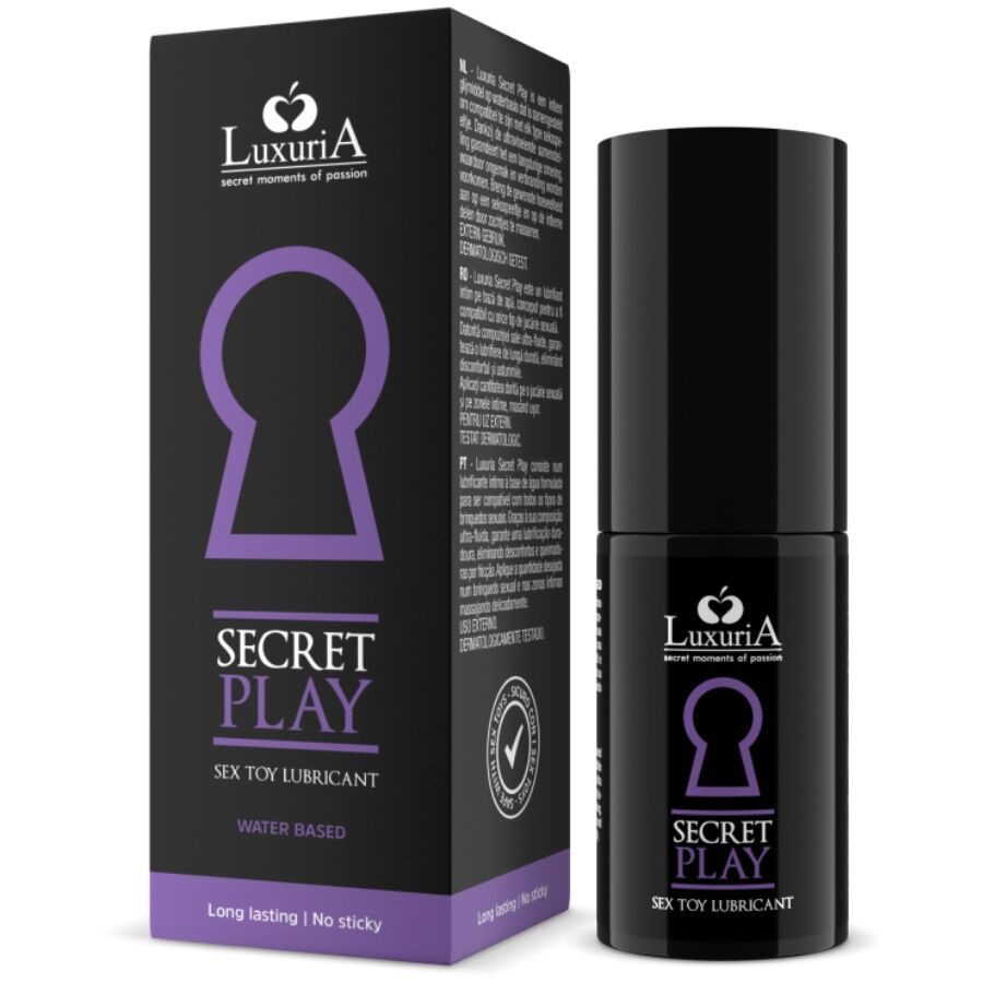 LuxuriA Secret Play Lubrificante per sex toys, a base d'acqua. Flacone e confezione con simbolo a forma di buco della serratura.