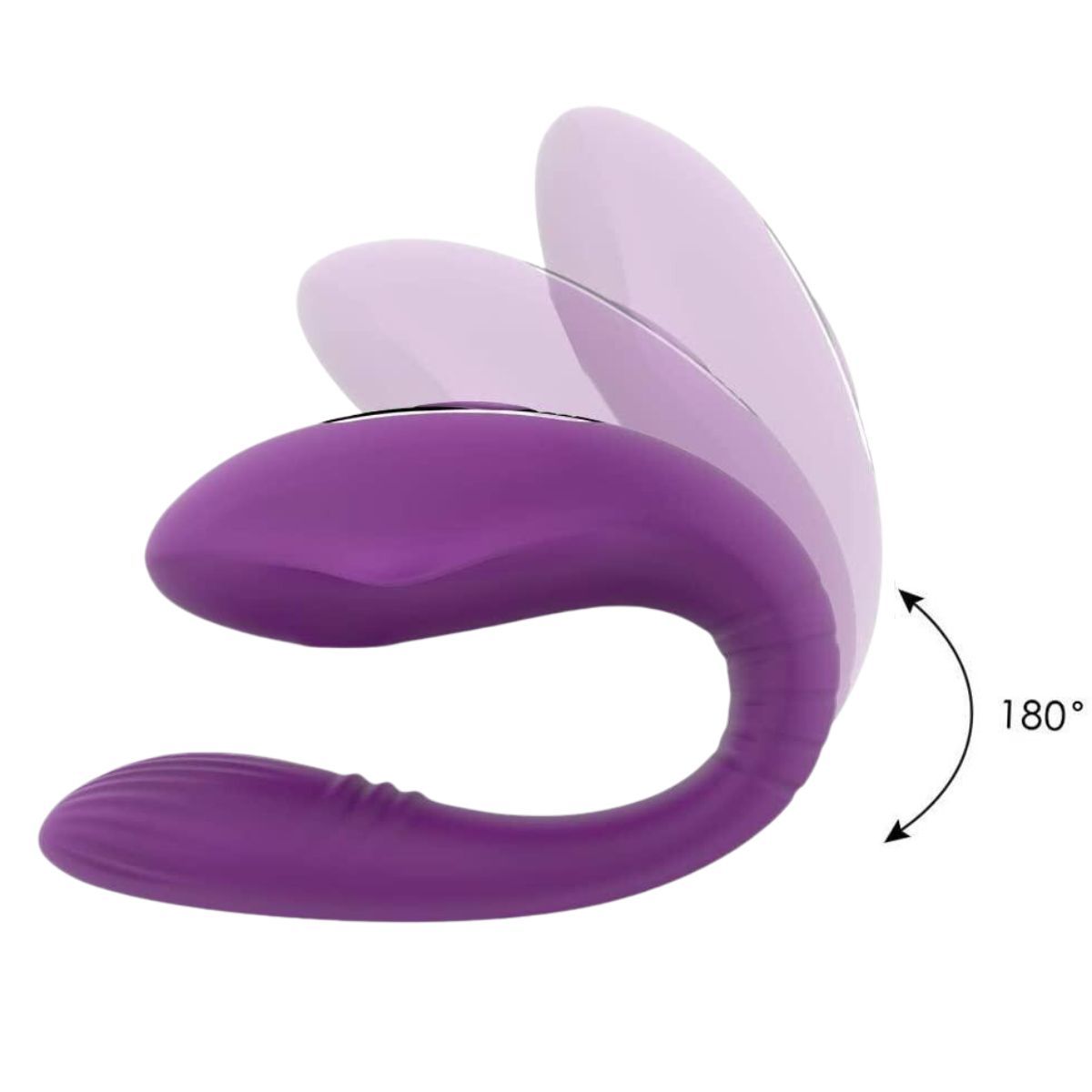 Vibratore viola a forma di U. Angolo di 180 gradi illustrato.