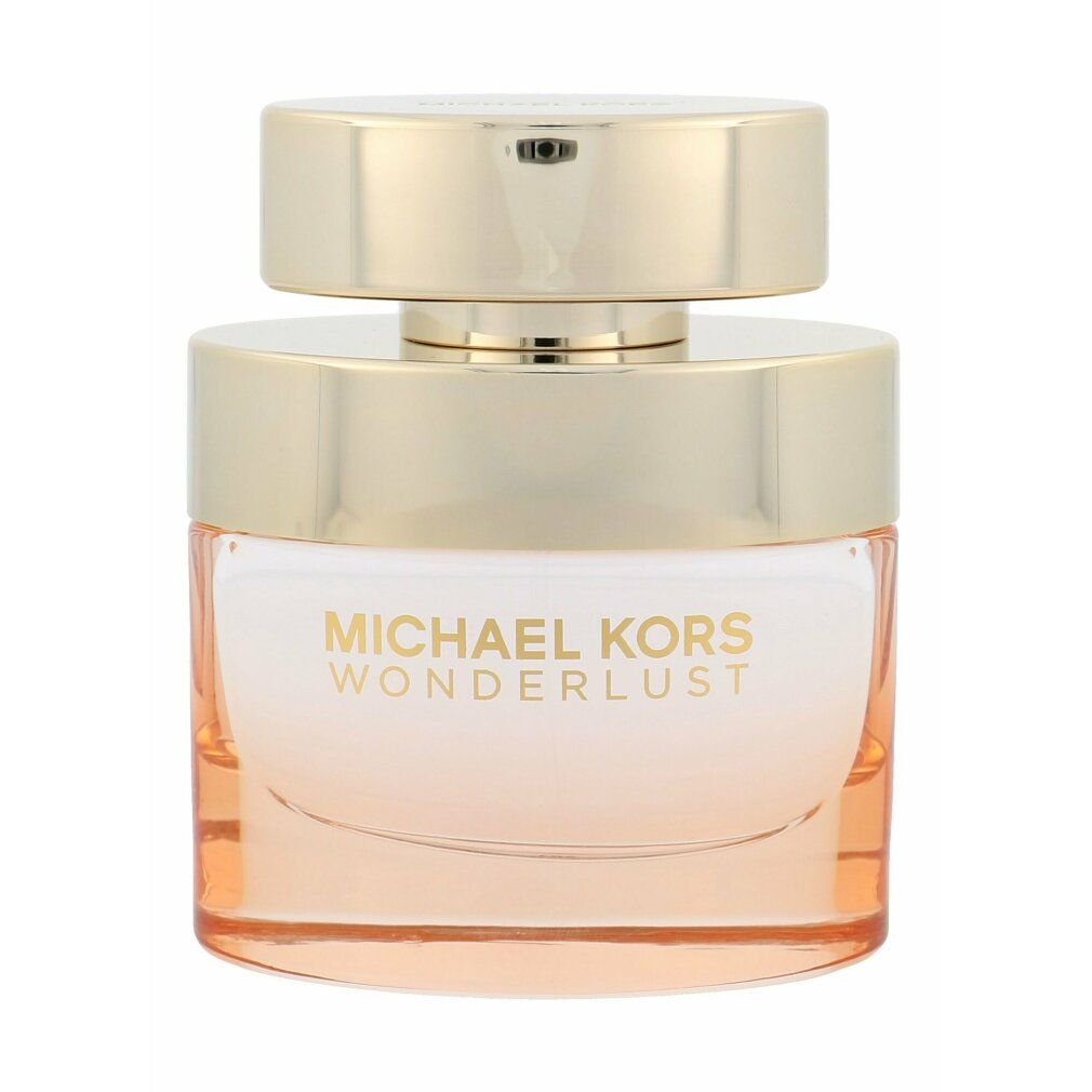 Flacone Michael Kors Wonderlust Edp Spray. Tappo dorato, vetro rosa. Marchio e nome del prodotto visibili sul flacone.