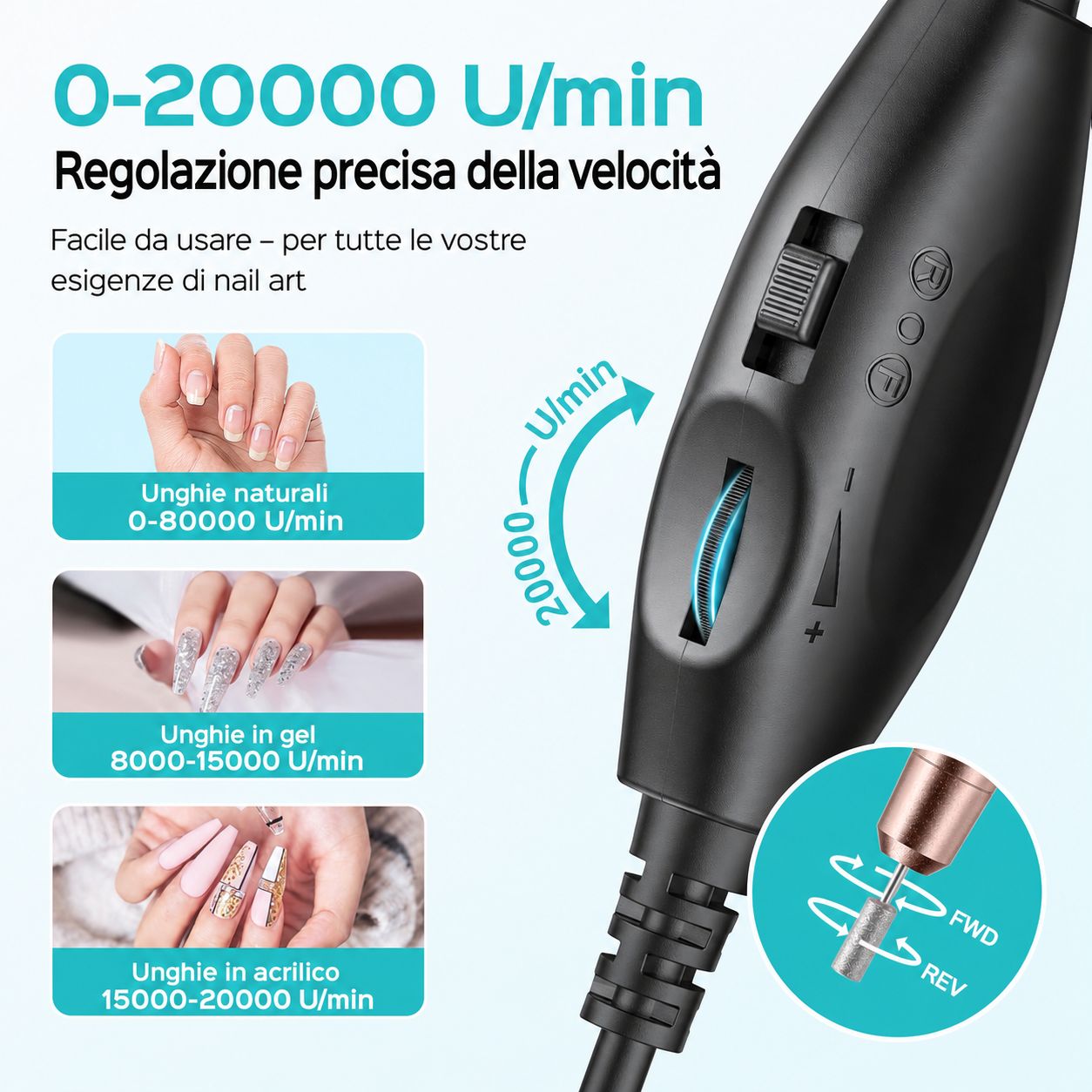 Manipolo per fresa per unghie con regolatore di velocità. Testo: 0-20000 giri/min, controllo preciso della velocità. Illustrazioni per diversi tipi di unghie.