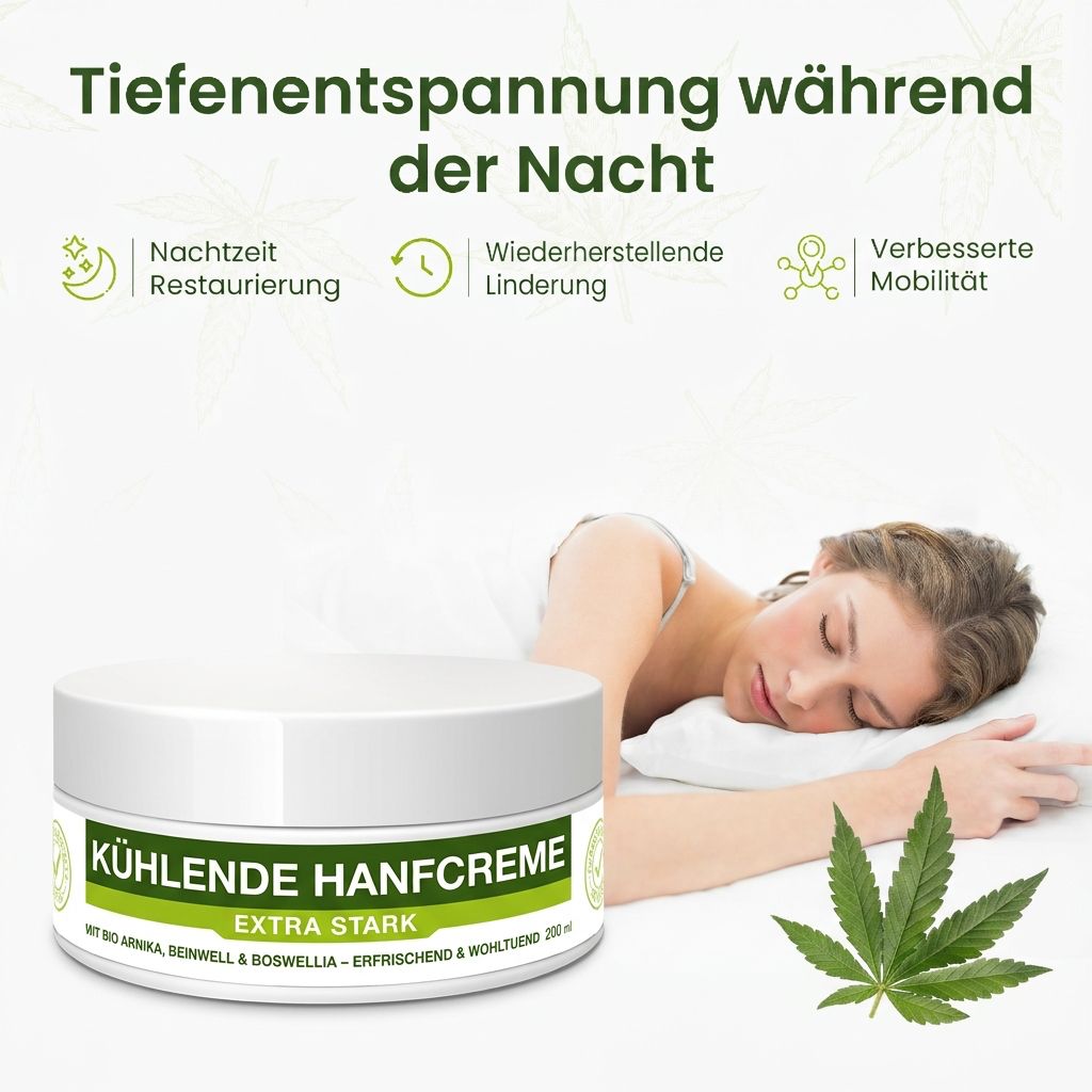 Vasetto bianco con scritta verde: KÜHLENDE HANFCREME. Extra Forte. Donna che dorme a letto. Foglia verde.