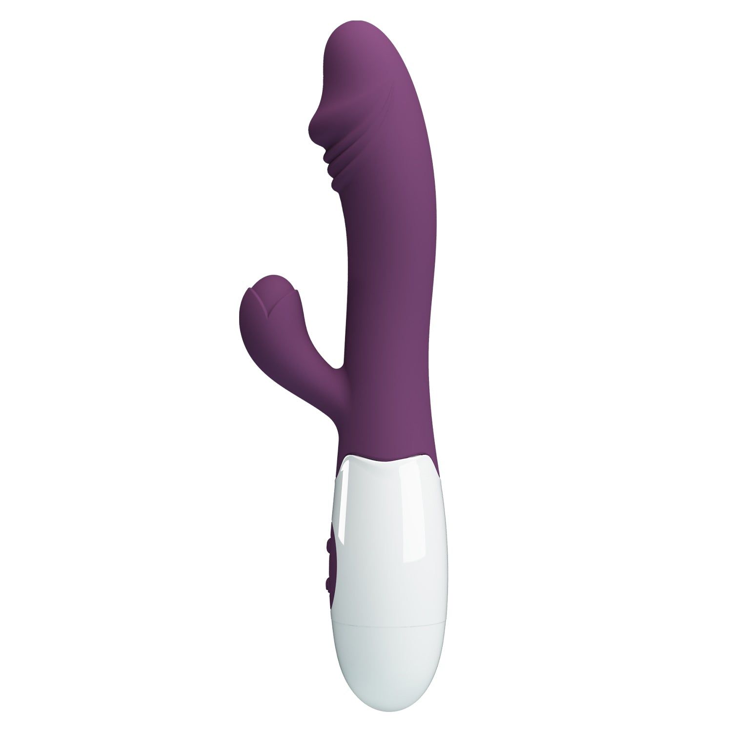 Vibratore viola e bianco con forma curva e design a orecchie di coniglio. Due pulsanti sull'impugnatura bianca.