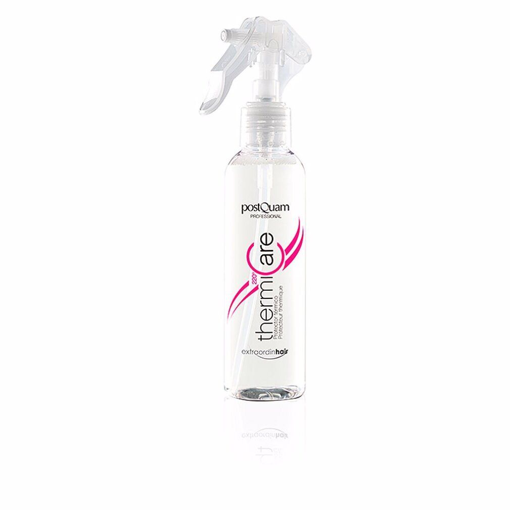 Flacone spray trasparente con etichetta bianca e rosa. Scritta: Thermicare, Professional, protezione termica.